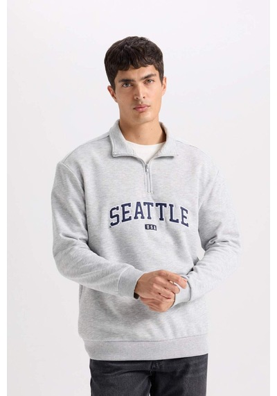 DeFacto Relax Fit Fermuarlı Dik Yaka Baskılı Kalın Sweatshirt D2168AX24AUGR389 Gri