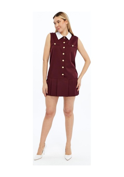 Selectmoda Kadın Çizgili Düğmeli Kolsuz Elbise Bordo