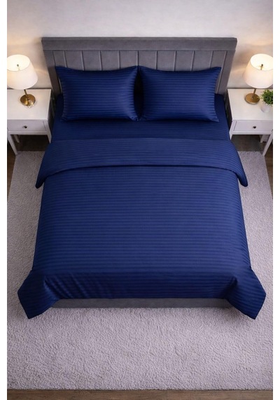 Wova Home Midnight Stripe Çift Kişilik Nevresim Takımı%90 Pamuk 83 Tel Saten Çizgili Lastikli Çarşaflı Lacivert Çok Renkli