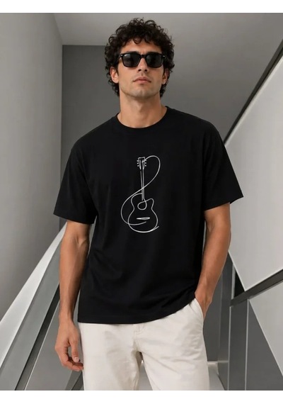Efnaz Style Erkek Minimal Gitar Baskılı Tişört T-shirt Yazlık Kısa Kol Bisiklet Yaka T-shirt - Siyah