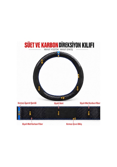 Mercedes A W176 Dikme Direksiyon Kılıfı Alcantara Süet Mat Karbon Mavi Yüzük Ve Dikiş Style-urban-amg Line 2012-2015