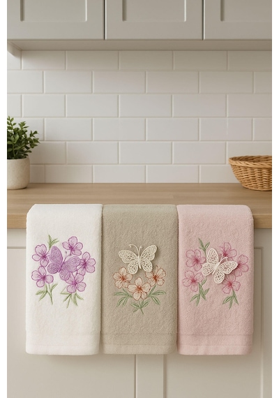 3'lü Lüks %100 Pamuklu Mutfak Havlusu Seti 3d Kelebek Aplikeli 30x50 Cm Çok Renkli