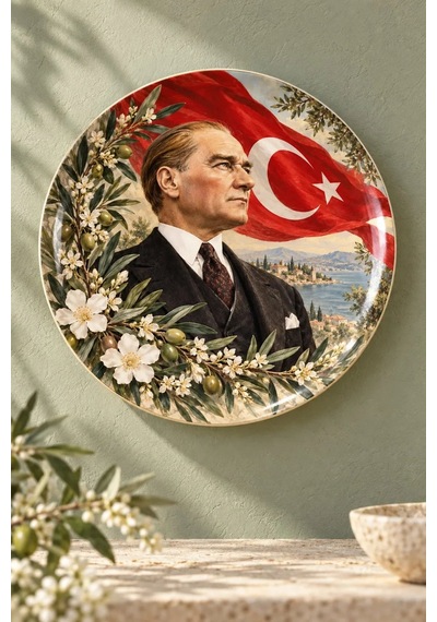 Dekoratif Duvar Tabağı Atatürk, Bayrak Ve Çiçekler Dekorlu Seramik Tabak Metalik