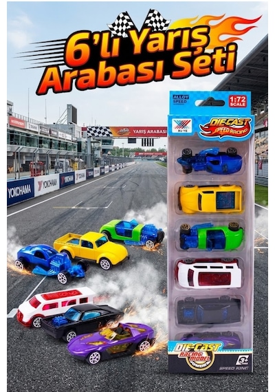 6 Adet Renkli Model Araba Seti - Erkek Çocuk İçin Eğitici Metal Yarış Arabaları 1:72 Çok Renkli