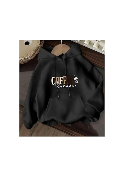 Herkesemoda Coffe Queen Baskı Detaylı İçi Polarlı Kapüşonlu Sweatshirt Siyah
