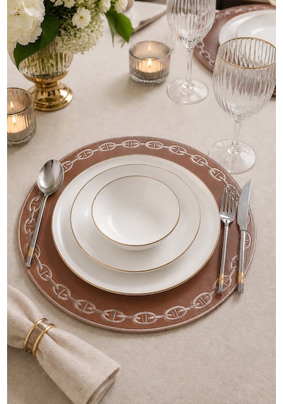 Nakışlı Deri Amerikan Servis 2'li Set Çift Taraflı Yuvarlak Supla 38x38 Cm Raya Kahve Gold