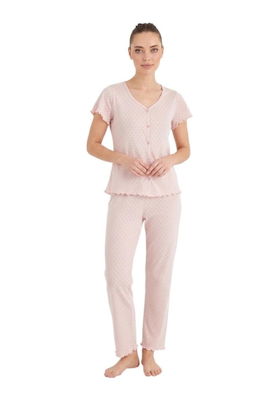 Seamlife Kadın %100 Pamuk Kalp Desenli Önü Düğmeli Kısa Kollu Pijama Takımı Pudra