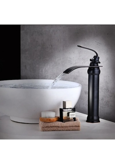 Banyo Çanak Lavabo Bataryası Mat Siyah Renk Şelale Model