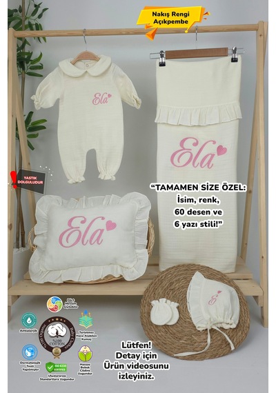 Gros Shop Müslin Yeni Doğan 4katlı Organik %100pamuk Kişiye Özgü Nakışlı Hastane Çıkış Seti Kalpli Model-4 Ekru