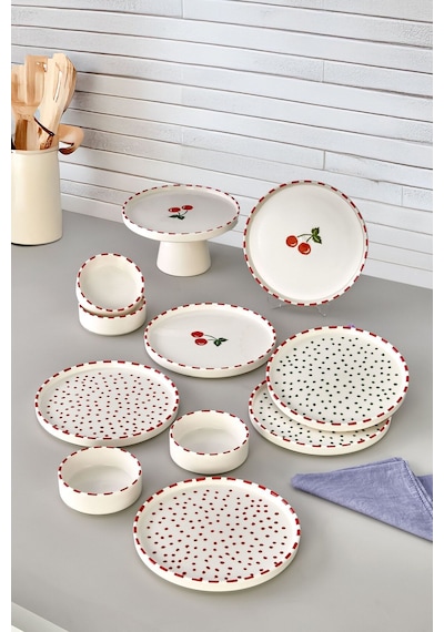Kitchen Life 11 Parça - 6 Kişilik Cherry Stackable - Kahvaltı Takımı  Kirazlı Kahvaltılık Sunum Tabağı Kırmızı