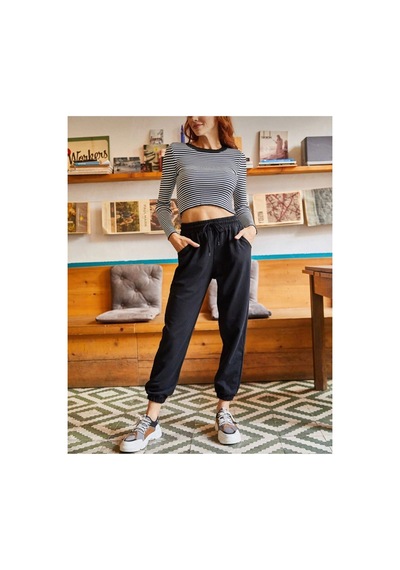 Tarzsokak Unisex Siyah Cepli Beli Bağcıklı Basic Eşofman Altı Jogger