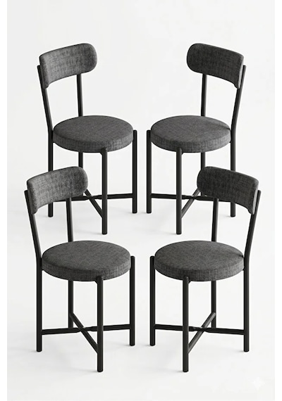 Sandalye 4 Adet Keten Kumaş Metal Ayak Modern Mutfak Sandalyesi Cafe Balkon Ofis Teddy Antrasit