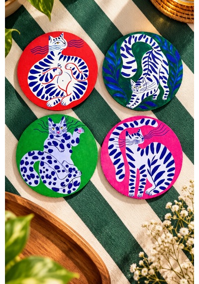 Colorful Cats Renkli Kediler Temalı 4 Lü Bardak Altlığı Set 9 Cm, 3 Mm Ahşap Mdf, Dijital Baskı - 933751024 Diğer