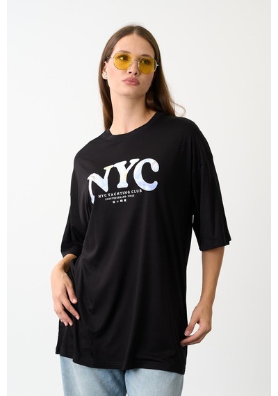 Geniş Kalıp Bisiklet Yaka Baskılı Kısa Kollu T-shirt Siyah