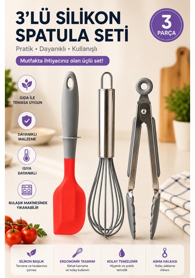 3 Lü Paslanmaz Silikon Spatula Çırpıcı Maşa - 899902967 Diğer