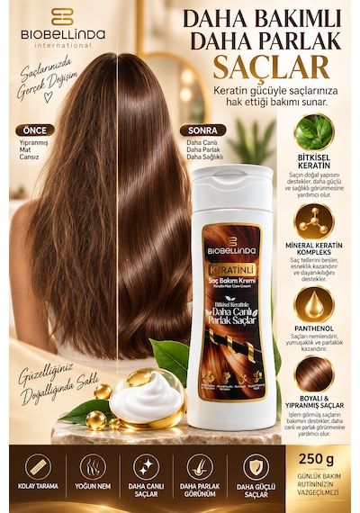 Keratinli Saç Bakım Kremi Bitkisel Keratin, Mineral Keratin Kompleks Ve Panthenol, Boyalı & Yıpranmış Saçlar 250 Gr