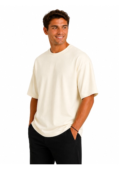 Vasto Moda Erkek Oversize Kalın Dokulu %100 Organik Pamuk Bisiklet Ribana Yakalı Ekru T-shirt