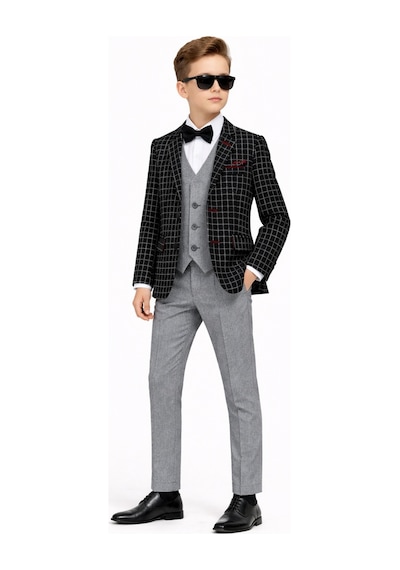 Ahengim Erkek Çocuk Slim Fit Dokulu Çizgili Spor Takım Elbise Ak195-196 Siyah