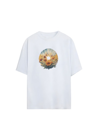 Noıssey Ayçiçeği Tasarımlı Unisex Oversize T-shirt Beyaz