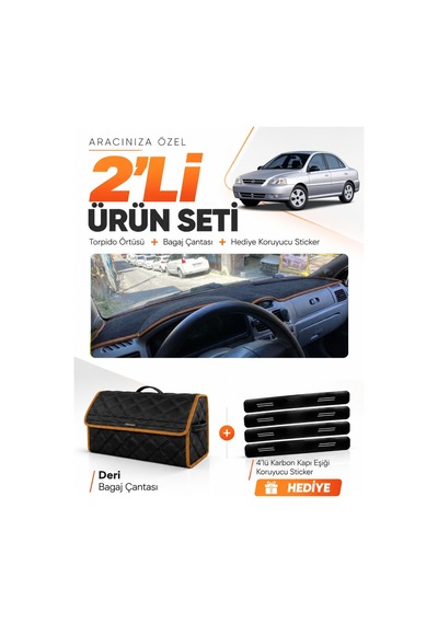 E-biz Kia Rio 2000-2005 Uyumlu Torpido Örtüsü + Deri Bagaj Çantası Seti - Siyah-kahverengi - Kı011