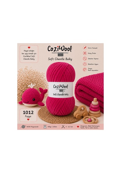 Kadife İp Soft Chenille Bulky 5'li Paket 5x100 Gr 120 Mt El Örgü İpi Fuşya - 875823131