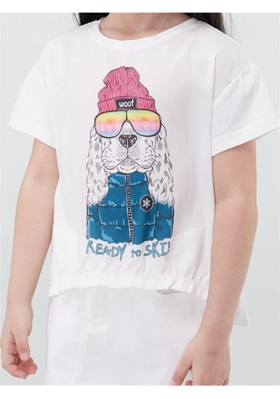 Escabel Kız Çocuk Pamuklu Köpek Baskılı Tshirt-12882 Krem