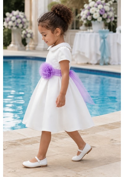 Babyhola Kız Çocuk Sade Beyaz Saten Abiye Elbise Balo Elbisesi 7152 Mor