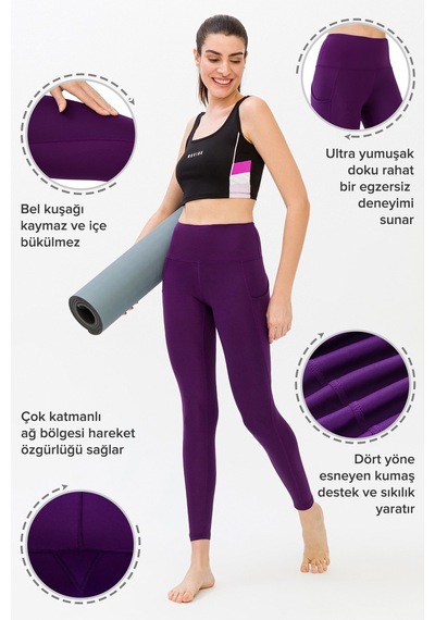 Los Ojos Kadın Mor Yüksek Bel Çift Cepli Toparlayıcı Spor Tayt Mor