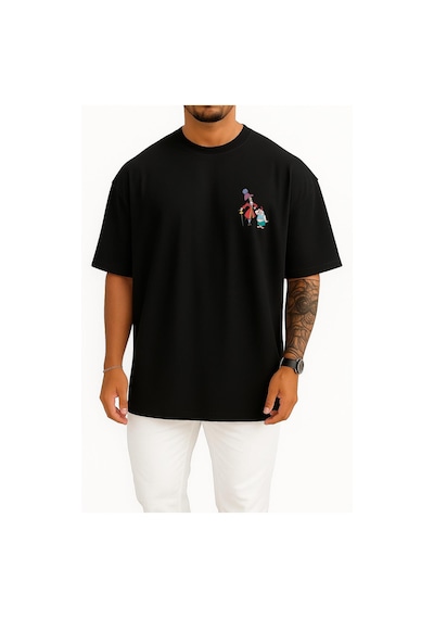 Bahriyeli Collection Oversize Tinker Bell Captain Hook Peter Pan Smee Poster Cep Ve Sırt Tasarımlı Unisex T-shirt SIYAH