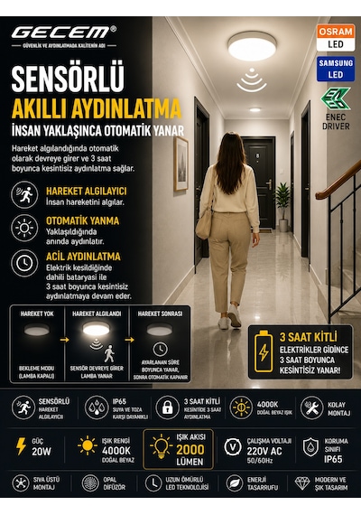 Gecem 20w Sensörlü Led Armatür 4000k Doğal Beyaz Ip65 Acil Aydınlatma Özellikli Ilık Beyaz
