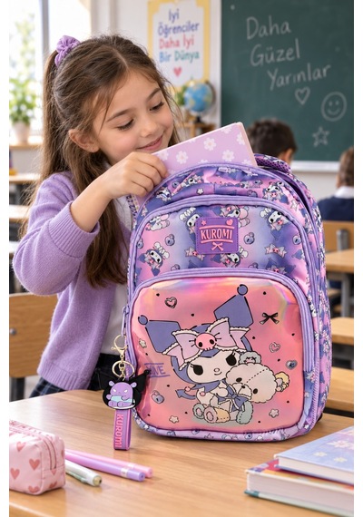 Kuromi Lisanslı Çocuk İlkokul Çantası Mor 3 Gözlü Okul İçin Sırt Çantası Modeli 40 X 28 X 15 Cm Çok Renkli