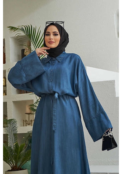 Neways 6596-Düğmeli Süs Kuşaklı Abaya Koyu Mavi