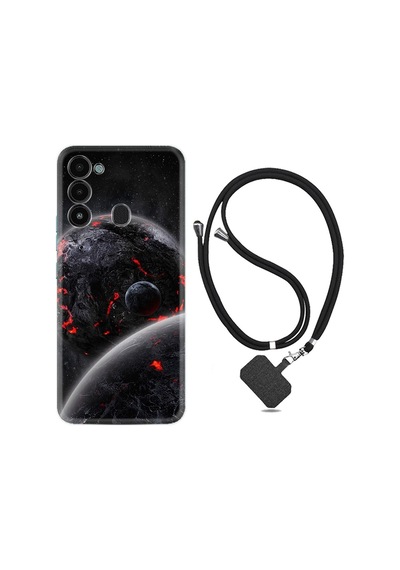 Tecno Spark 8c Kılıf Ipli Boyun Askılı Desenli Silikon Kara Dünya 1902