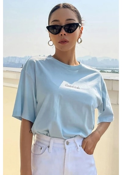 Uyguntarz Unisex Classical Baskılı Oversize Tshirt Bebe Mavisi