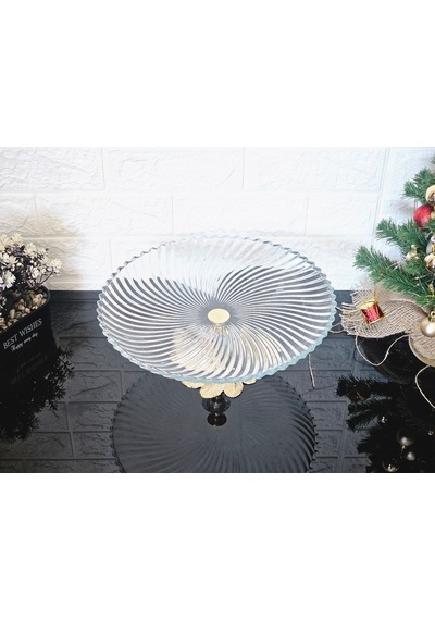 Büyük Boy 31 Cm Yuvarlak Sunumluk & Servi S Tabaği Döküm Semerkand Gold Ayak Beyaz