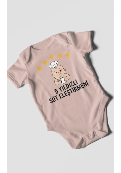 5 Yıldızlı Süt Eleştirmeni Baskılı Bebek Zıbını Çıtçıtlı Body 8 Renk %100 Pamuk Kısa Kol Pastel Pembe
