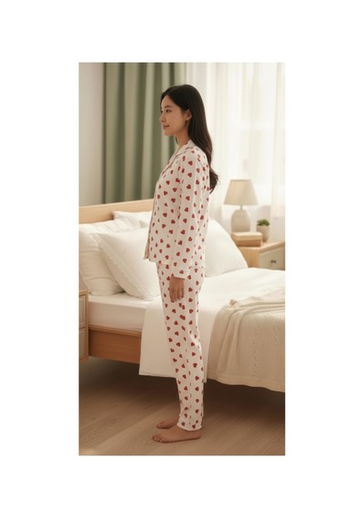 Kadın Kalp Desenli Boydan Düğmeli Pijama Takım Beyaz