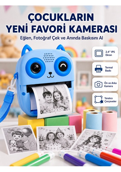 Anında Baskılı Çocuk Fotoğraf Makinesi Termal Yazıcılı Selfie Kamerası