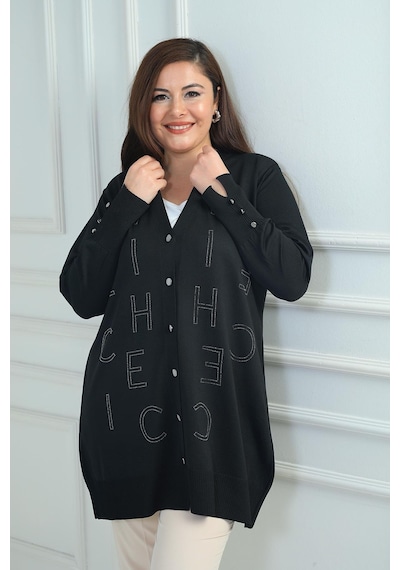 By Saygı Kadın Kolları Düğme Detaylı Taş Harf Baskılı Soğuk İplik Büyük Beden Hırka-41826 Siyah By Saygı Kadın Kolları Düğme Detaylı Taş Harf Baskılı Soğuk İplik Büyük Beden Hırka-41826 Siyah