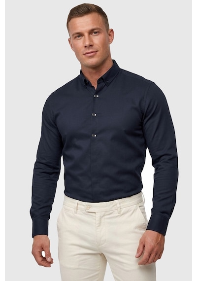 Deepsea Lacivert Slim Fit Likralı Kolay Ütülenebilir Gizli Düğmeli Erkek Gömlek 2602614