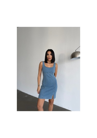 Meecy Denim Likralı Tasarım Kot Elbise Mavi Mavi