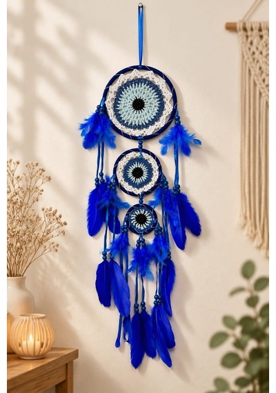 Motifli Düş Kapanı Rüya Kapanı Dream Catcher Mavi Tüylü Bohem Duvar Süsü Bohem El Yapımı Düş Kapanı