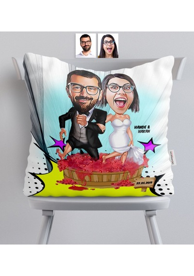 Kişiye Özel Gelin Damat Karikatürlü Saten Yastık - 10