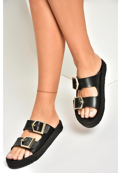 Fox Shoes U596030209 Siyah Kadın Terlik Siyah-suni Deri Siyah