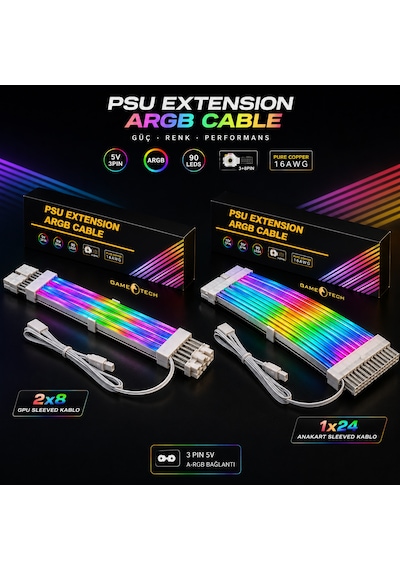 Gametech A-rgb Sleeved Kablo Set Rgb Uzatma Kablo 1x24 Pin Anakart + 2x8 Pin Ekran Kartı