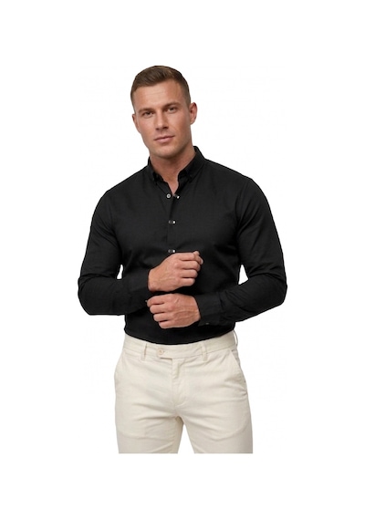 Deepsea Siyah Slim Fit Likralı Kolay Ütülenebilir Gizli Düğmeli Erkek Gömlek 2602614