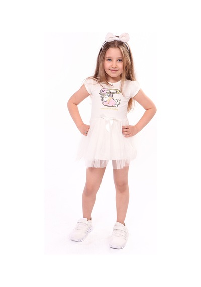 Toontoy Kids Toontoy Kız Çocuk Baskılı Elbise Ekru