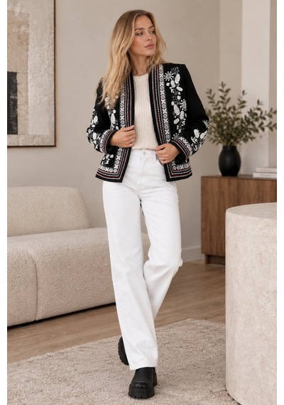 Lima Siyah Kadın Siyah Beyaz Çiçek Nakışlı Ceket Etnik Desenli İşlemeli Şık Blazer Ceket
