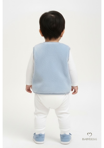 Babyden's Welsoft Erkek Bebek Çocuk Çıtçıtlı Yelek Ayıcık Armalı, Yumuşak Peluş Bebek Yeleği Bebe Mavisi