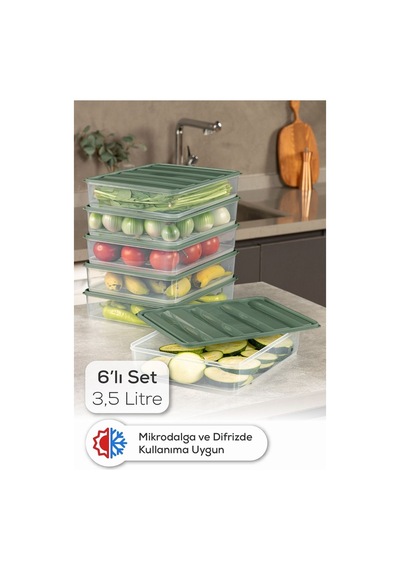 Vienev 6'lı 3,5 Litre Buzdolabı Dondurucu Organizer Saklama Kabı Yeşil